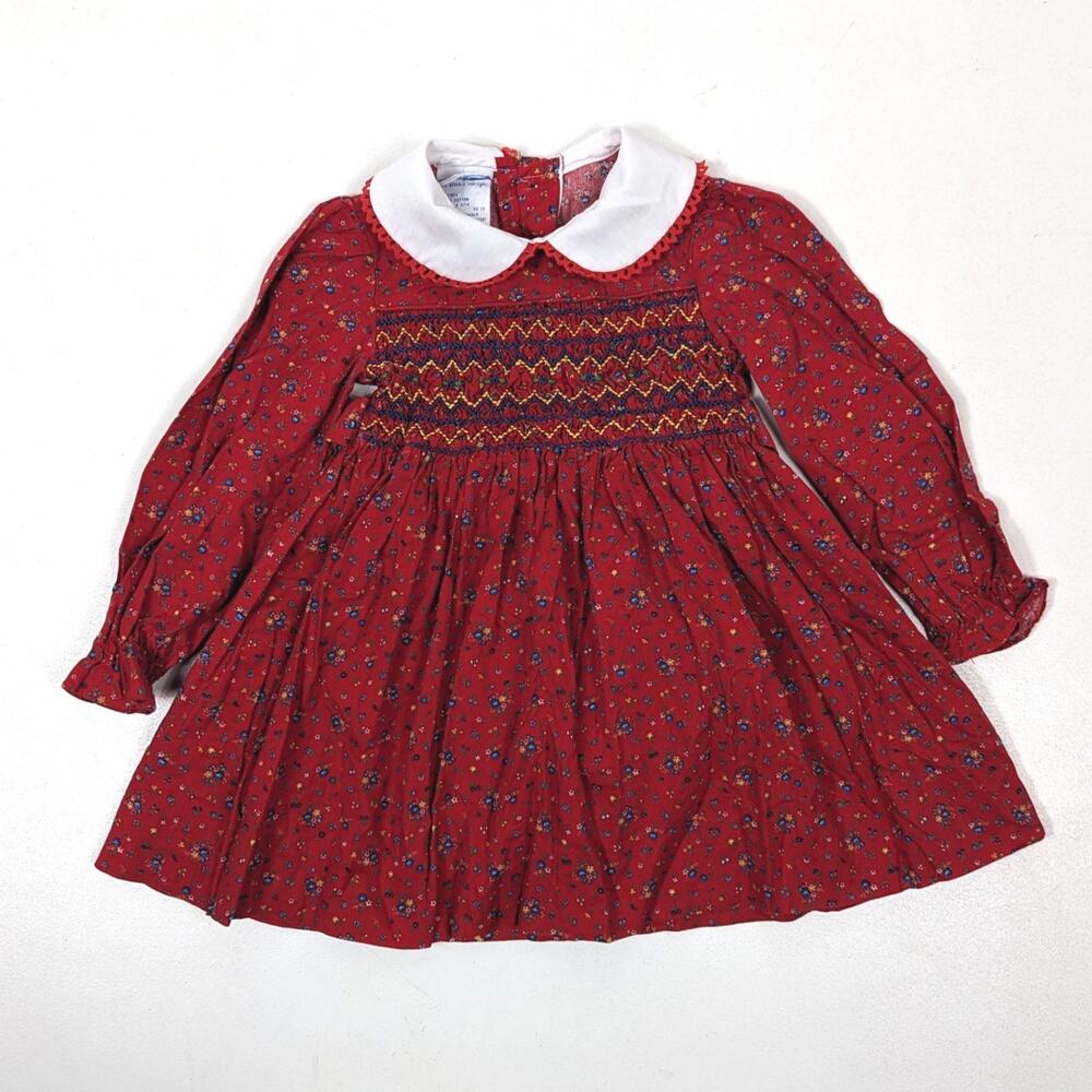 Vintage Polly Flinders Dress Girls Size 2T Red Floral Calico Smocked Holiday